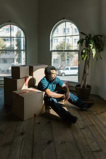 A man with curly hair and wearing a blue t-shirt is seated on a wooden floor inside a room with white walls and large arched windows. He is surrounded by four cardboard boxes, some of which are sealed with red straps or packing tape, indicating they are packed for a home relocation. The boxes are arranged near him, with one open showing some contents inside. The room has a tall potted plant with broad green leaves placed beside the man, close to the wall. Natural daylight streams through the windows, illuminating the space and revealing a view of parked cars and residential buildings outside. The scene suggests that a packing and moving process is underway, with furniture and belongings ready to be loaded onto a vehicle for transport, as part of a professional removals service. This setting aligns with home removals and furniture transport activities typical of [COMPANY_NAME] and similar services.