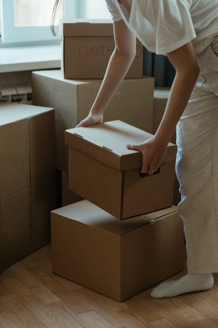 Inside a residential room with large windows allowing natural light and dark curtains hanging on either side. Several brown cardboard moving boxes, some sealed with tape and others open, are stacked on a wooden floor near the window. One box is being carried by a person whose feet and part of their legs are visible below the boxes, indicating a careful loading process. The background includes potted plants on the windowsill, enhancing the home environment. This scene depicts the packing and furniture transport stage of home relocation, aligning with professional removals services offered by Removal Van Islington, focusing on urgent moves within Islington.